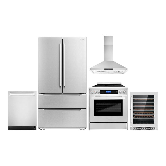 Cosmo Package - 30" Electric Range, Wall Mount Range Hood, Dishwasher, Refrigerator with Ice Maker and Wine Cooler, COS-5PKG-139