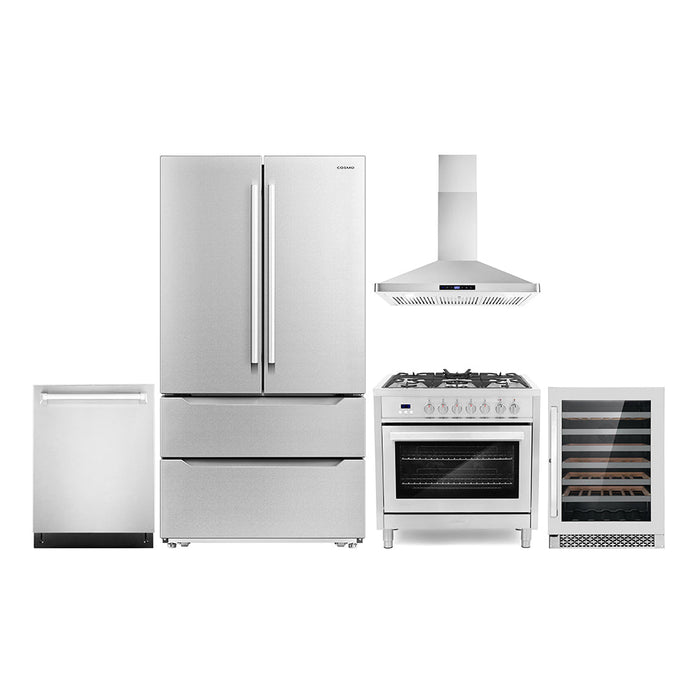 Cosmo Package - 36" Dual Fuel Range, Wall Mount Range Hood, Dishwasher, Refrigerator with Ice Maker and Wine Cooler, COS-5PKG-187