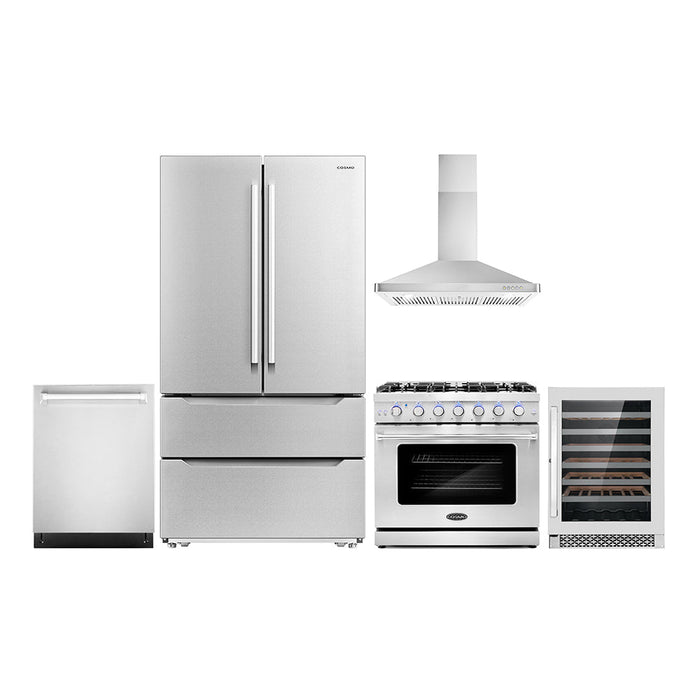 Cosmo Package - 36" Gas Range, Wall Mount Range Hood, Dishwasher, Refrigerator with Ice Maker and Wine Cooler, COS-5PKG-204