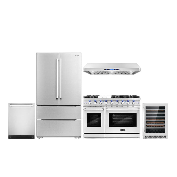 Cosmo Package - 48" Gas Range, Under Cabinet Range Hood, Dishwasher, Refrigerator with Ice Maker and Wine Cooler, COS-5PKG-211