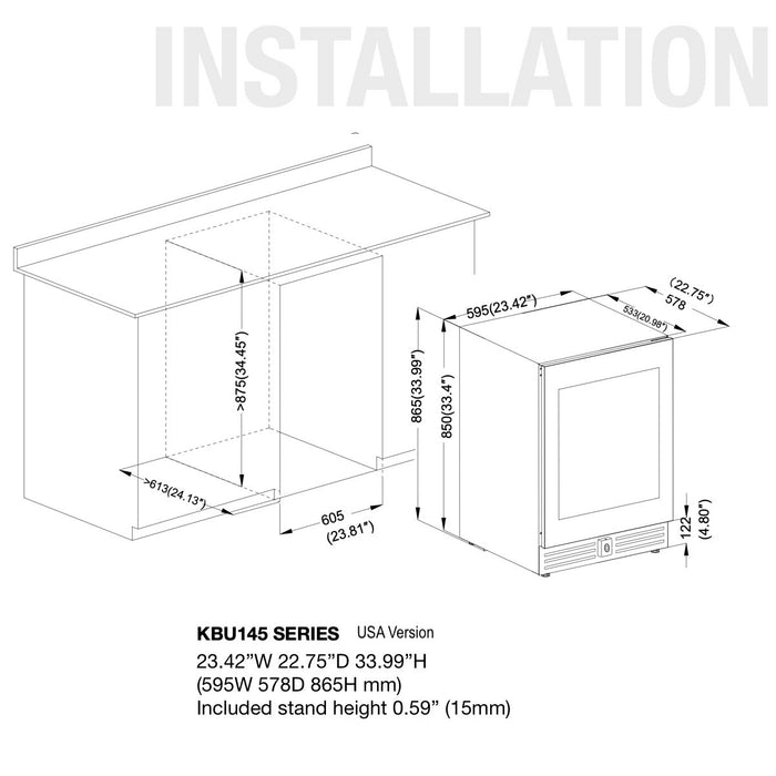 KingsBottle 24 Inch Under Counter LOW-E Glass Door Single Zone Wine Cooler