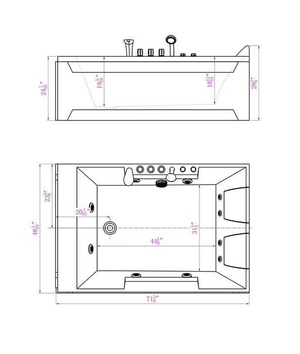 72" Alcove Whirlpool LED Bathtub for 2 Persons with Left Drain - EMPV-72JT367LED