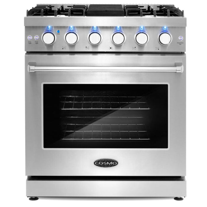 Cosmo Package - 30" Gas Range, Wall Mount Range Hood, Refrigerator with Ice Maker and Dishwasher, COS-4PKG-097