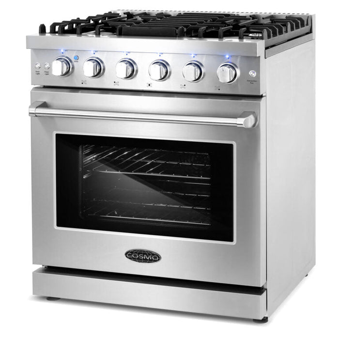 Cosmo Package - 30" Gas Range, Under Cabinet Range Hood, Dishwasher, Refrigerator with Ice Maker and Wine Cooler, COS-5PKG-212