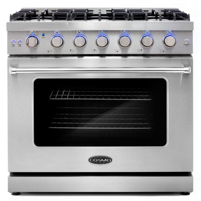 Cosmo Package - 36" Gas Range, Wall Mount Range Hood, Refrigerator with Ice Maker and Dishwasher, COS-4PKG-116