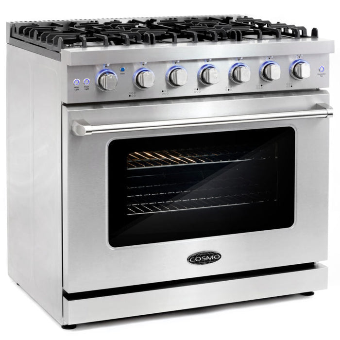 Cosmo Package - 36" Gas Range, Wall Mount Range Hood, Dishwasher and Wine Cooler, COS-4PKG-107