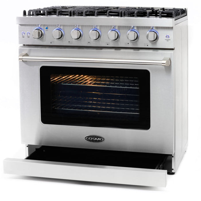 Cosmo Package - 36" Gas Range, Wall Mount Range Hood, Refrigerator with Ice Maker and Dishwasher, COS-4PKG-246