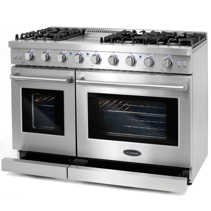 Cosmo Package - 48" Gas Range, Under Cabinet Range Hood, Refrigerator with Ice Maker and Dishwasher, COS-4PKG-122