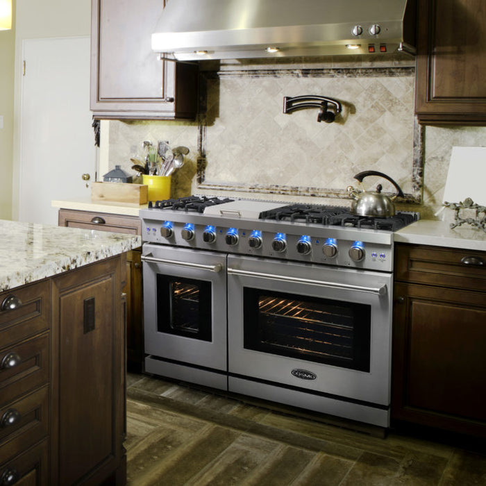 Cosmo Package - 48" Gas Range, Under Cabinet Range Hood, Dishwasher and Wine Cooler, COS-4PKG-123