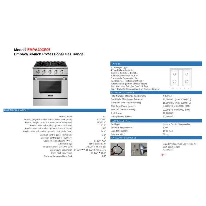 Empava 30" Slide-In Single Oven Natural Gas Range with 4 Burners - 4.2 cu.ft, EMPV-30GR07