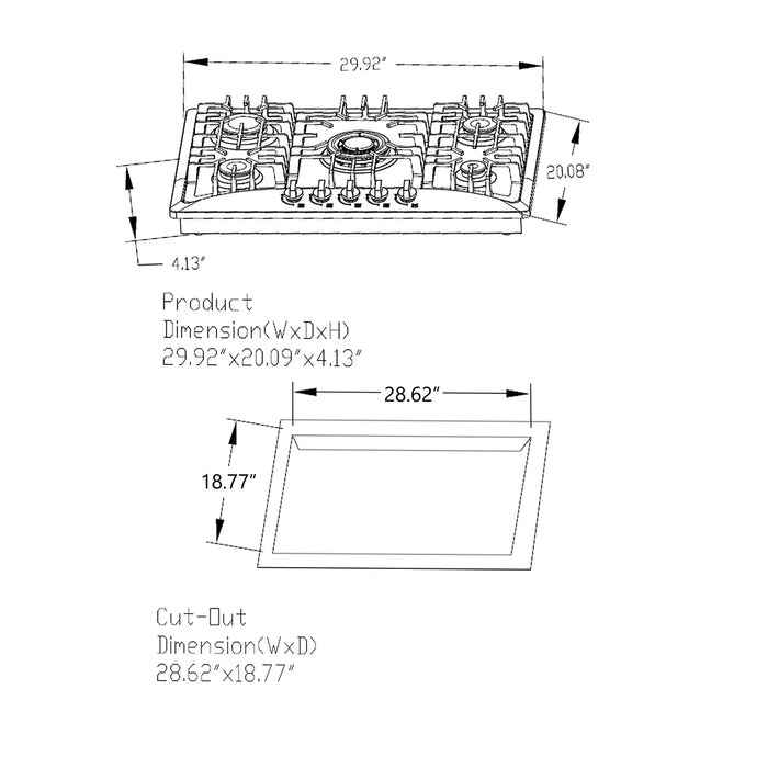 Empava 30" Stainless Steel Built-In Cooktop with 5 Gas Burners, EMPV-30GC5B70C