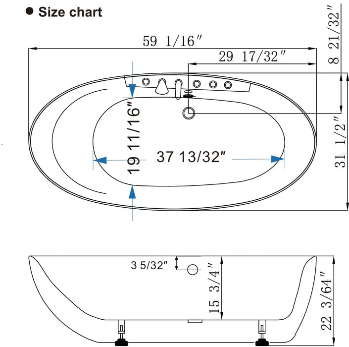 59" Acrylic Freestanding Whirlpool Bathtub with Center Drain - EMPV-59AIS12