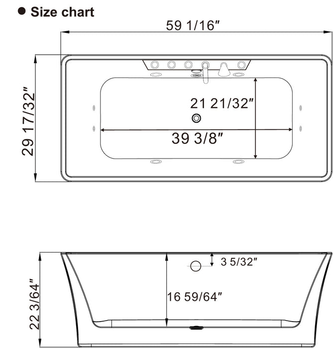 59" Freestanding Rectangle Whirlpool Bathtub with Center Drain - EMPV-59AIS15