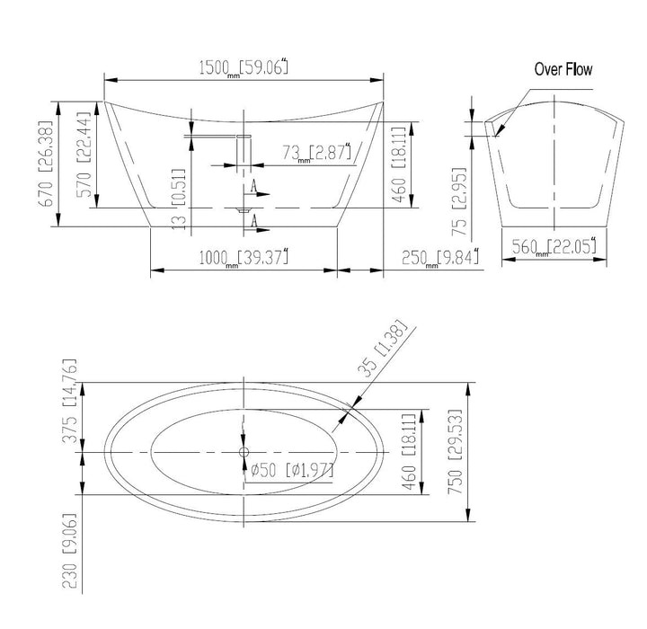 59" Freestanding Soaking Tub with Center Drain - EMPV-59FT1518