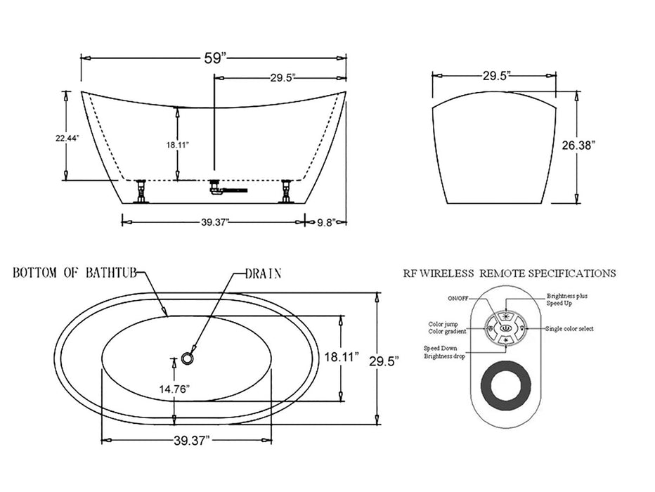 59" Freestanding Soaking LED Tub with Center Drain - EMPV-59FT1518LED