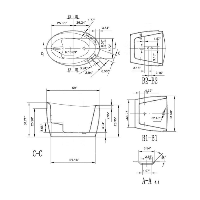 59" Freestanding Japanese-Style Air Massage Bathtub with Reversible Drain - EMPV-59JT011