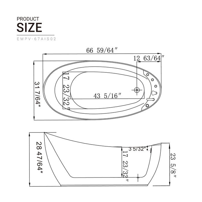 67" Freestanding Hydro Massage Whirlpool Bathtub with Reversible Drain EMPV-67AIS02