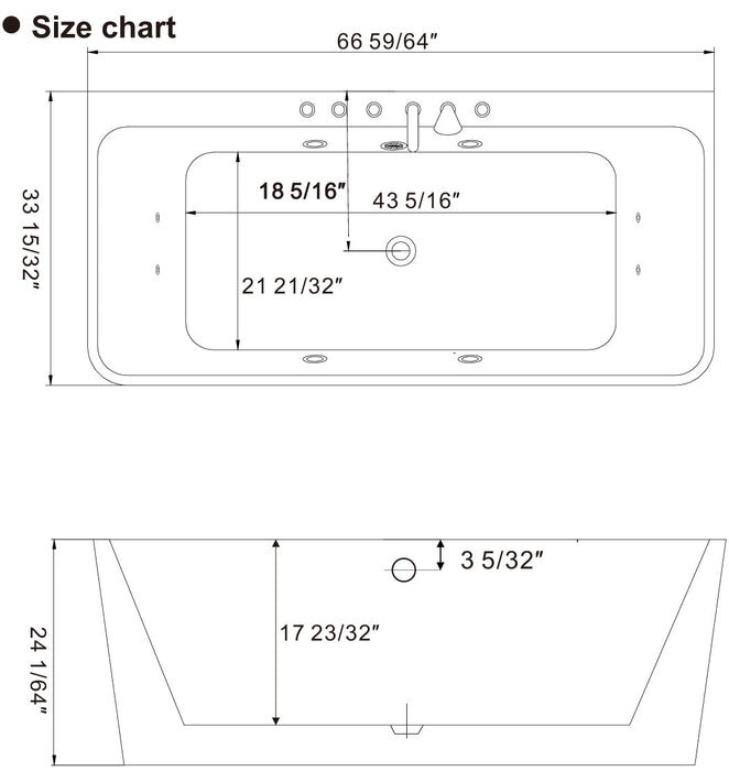 67" Freestanding Whirlpool Bathtub with Faucet and Center Drain - EMPV-67AIS03