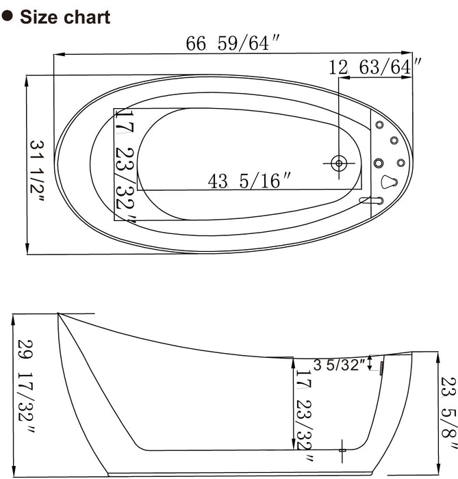 67" Acrylic Freestanding Whirlpool Tub with Reversible Drain - EMPV-67AIS05