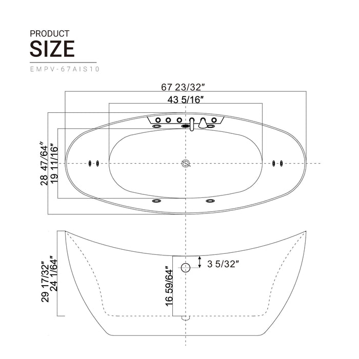 67" Freestanding Boat-shaped Whirlpool Bathtub with Center Drain - EMPV-67AIS10