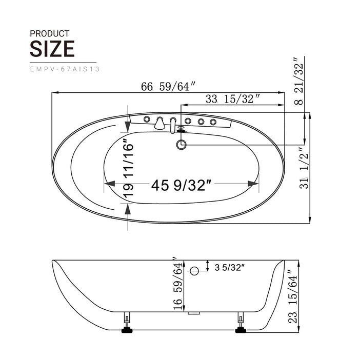 67" Acrylic Freestanding Whirlpool Bathtub with Center Drain - EMPV-67AIS13