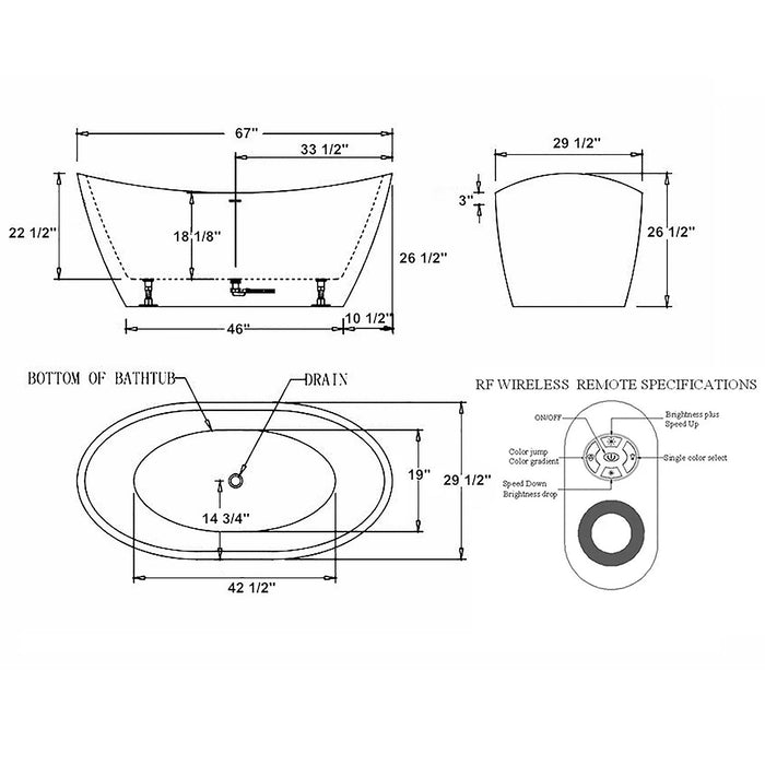 67" Freestanding Soaking LED Tub with Center Drain - EMPV-67FT1518LED