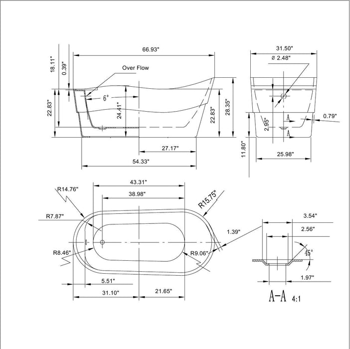 67" Freestanding Soaking Tub with Left Drain - EMPV-67FT1527