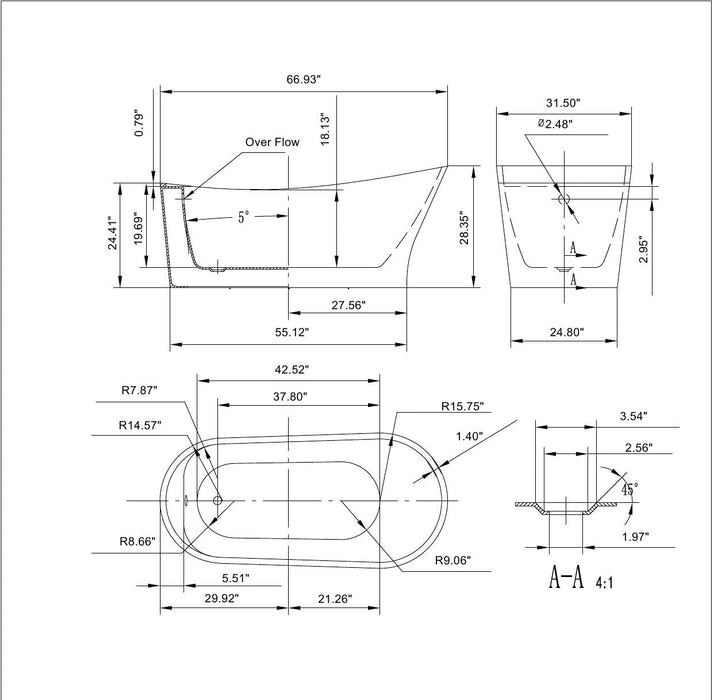 67" Freestanding Soaking Tub with Left Drain - EMPV-67FT1528