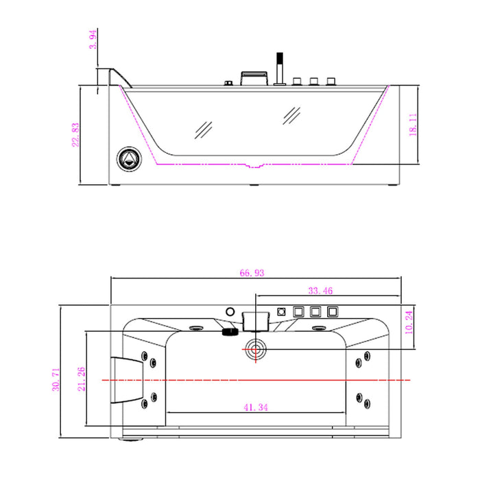 67" Alcove LED Whirlpool Bathtub with Center Drain - EMPV-67JT408LED