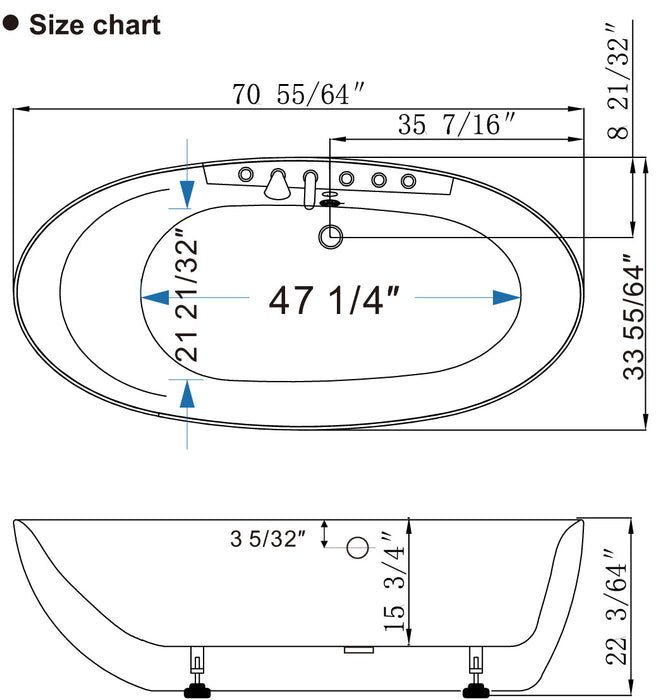 71" Acrylic Freestanding Whirlpool Bathtub with Center Drain - EMPV-71AIS14