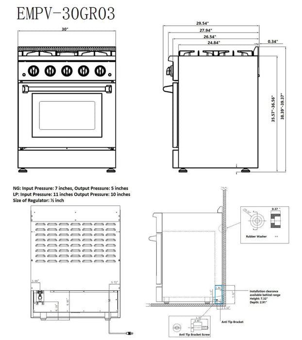 Empava 30" Slide-In Single Oven Natural Gas Range with 4 Burners - 4.2 cu. ft., EMPV-30GR03