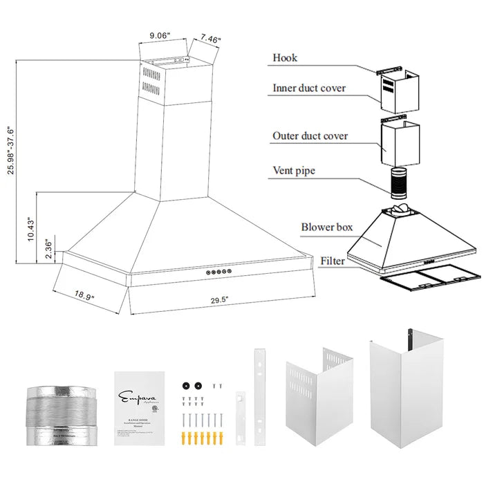 Empava 30" 400 CFM Wall Mount Range Hood in Stainless Steel, EMPV-30RH05