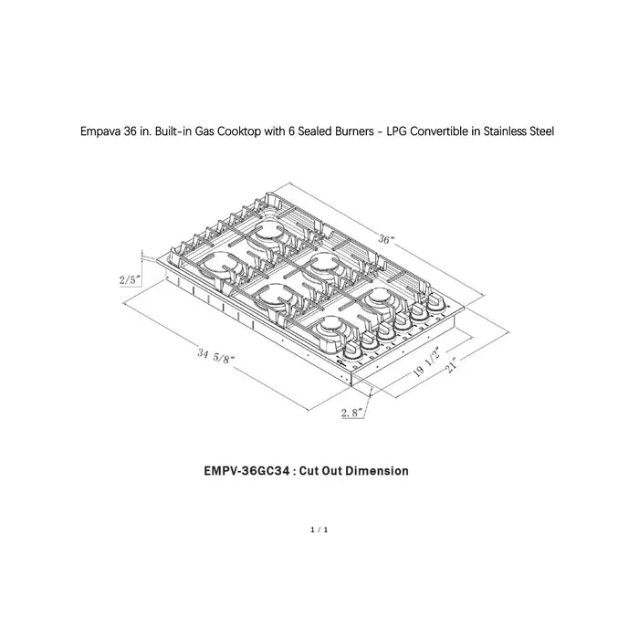 Empava 36" Stainless Steel Built-In Cooktop with 6 Gas Burners, EMPV-36GC34