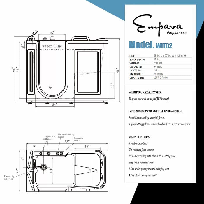 Empava 53" Walk-in Whirlpool Bathtub with Left Side Door, EMPV-53WIT02