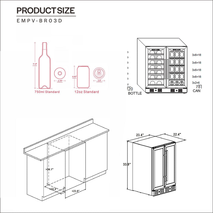 Empava 24" Dual Zone Wine and Beer Fridge Beverage Cooler - EMPV-BR03D