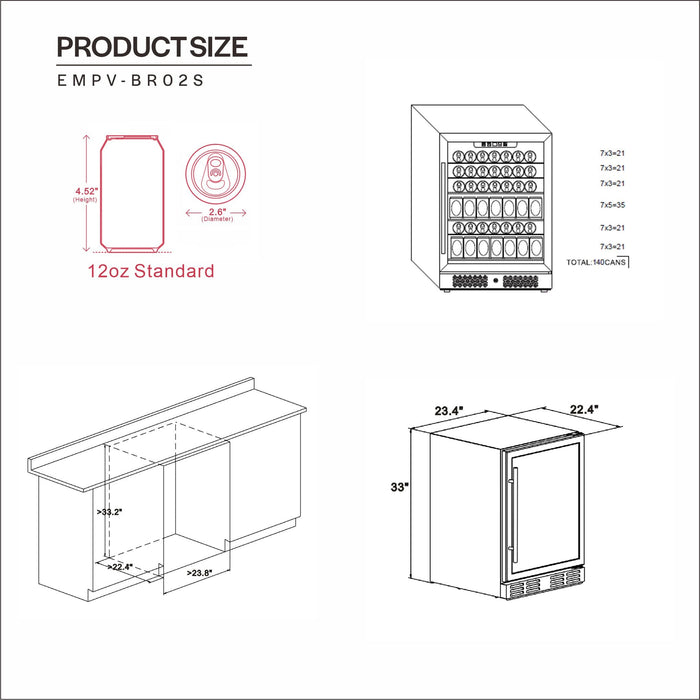 Empava 24 Inch Freestanding & Under Counter Beverage Fridge - EMPV-BR02S