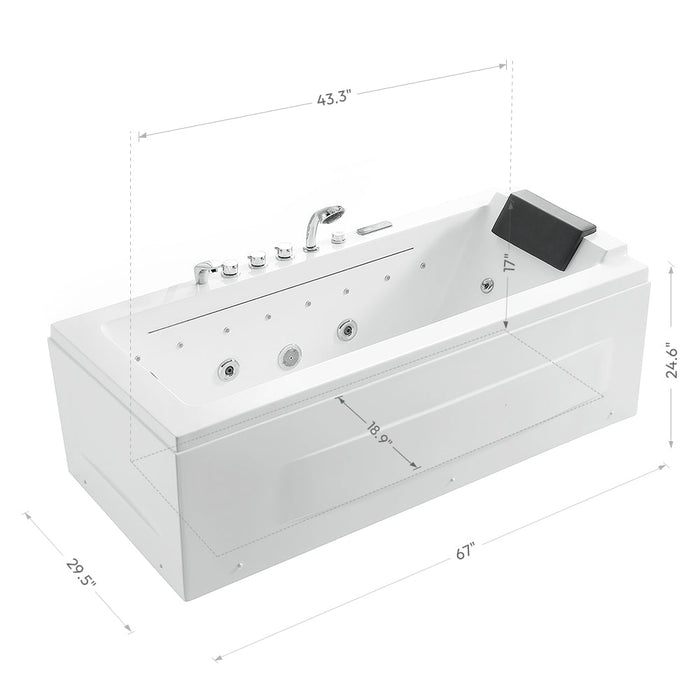67" Alcove Combination Massage Inline Heater LED Tub with Left Drain - EMPV-67JT351LED