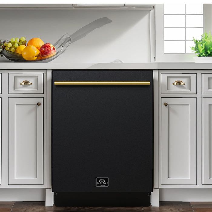 Forno Espresso 24" Built-In Tall Tub Dishwasher in Black with Antique Brass Handles, FDWBI8035-24BLK