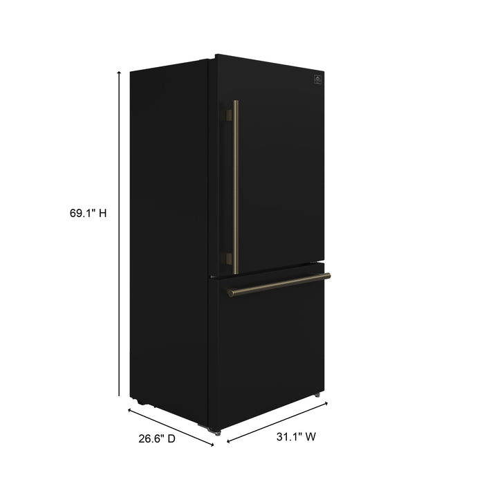 Forno Espresso 31" 17.2 cu. ft. Refrigerator and Bottom Freezer in Black with Antique Brass Handles, FFFFD1785-31BLK