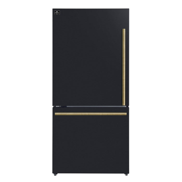 Forno Espresso 31" 17.2 Cu. Ft. Refrigerator and Bottom Freezer with Ice Maker in Black and Antique Brass Handles