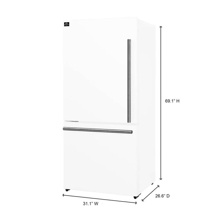 Forno Espresso 31" 17.2 Cu. Ft. Refrigerator and Bottom Freezer with Ice Maker in White and Antique Brass Handles