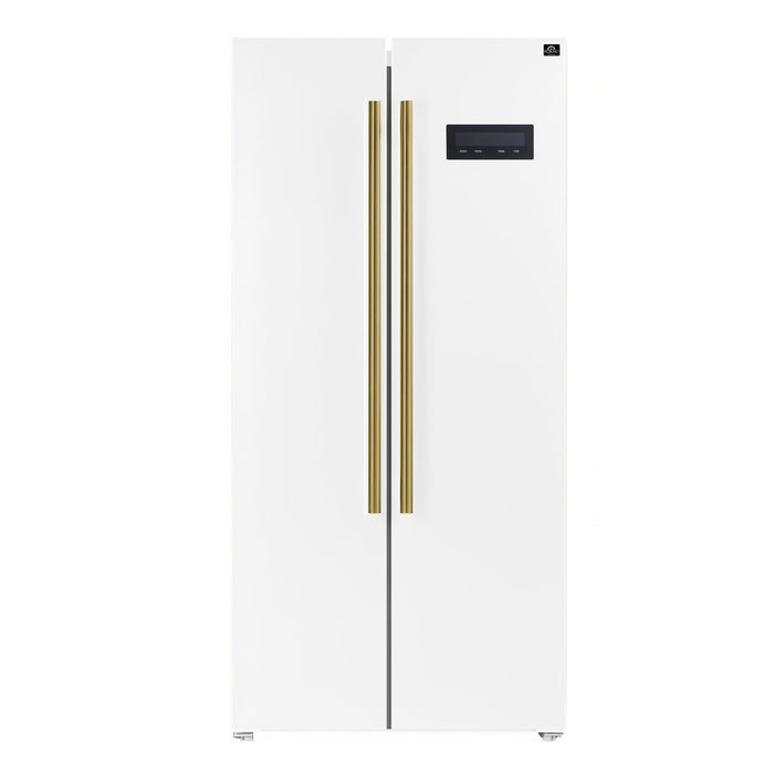 Forno Espresso 33" 15.6 cu. ft. Refrigerator in White with Antique Brass Handles, FFRBI1805-33WHT