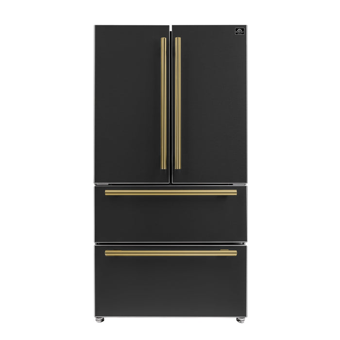 Forno Espresso 36" 19.2 cu. ft. Refrigerator in Black with Antique Brass Handles, FFRBI1820-36BLK