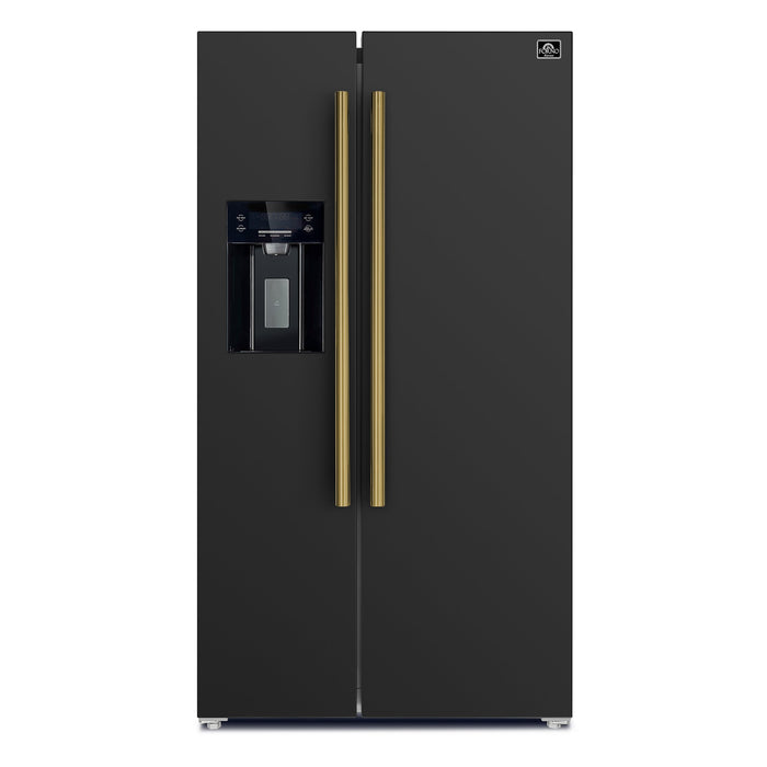 Forno Espresso 36" 20 Cu. Ft. Side-By-Side Refrigerator with Water and Ice Dispenser in Black with Antique Brass Handles