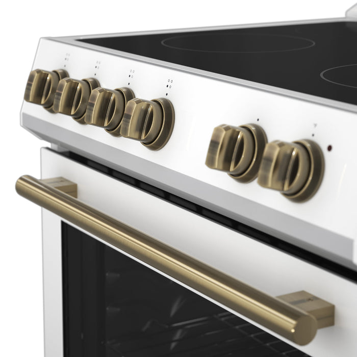 Forno Espresso 30" Electric Range in White with Antique Brass Handles, FFSEL6012-30WHT