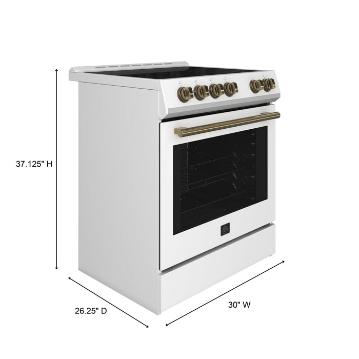 Forno Espresso 30" Electric Range in White with Antique Brass Handles, FFSEL6012-30WHT