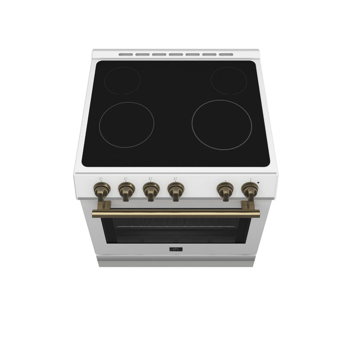 Forno Espresso 30" Electric Range in White with Antique Brass Handles, FFSEL6012-30WHT