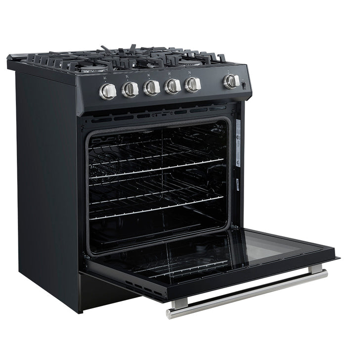 Forno Espresso 30” Gas Range in Black with Silver Handles, FFSGS1116-30BLK