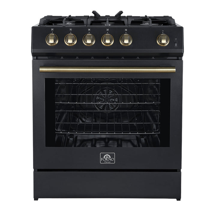 Forno Espresso 30” Gas Range in Black with Antique Brass Handles, FFSGS1116-30BLK