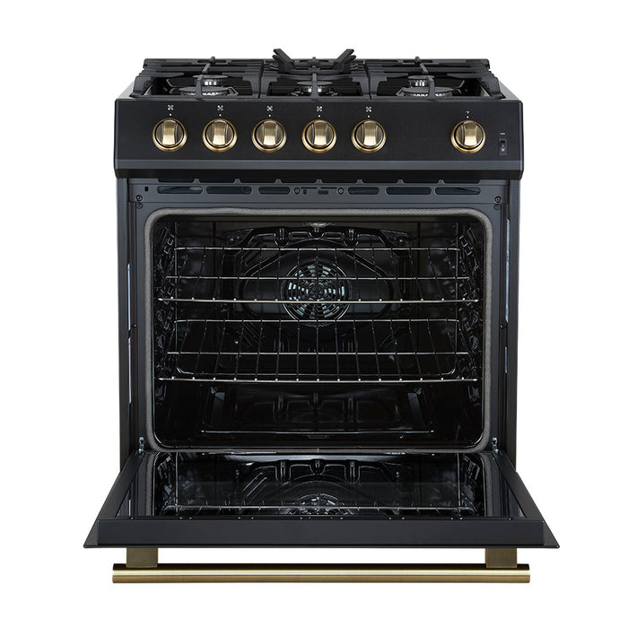 Forno Espresso 30” Gas Range in Black with Antique Brass Handles, FFSGS1116-30BLK